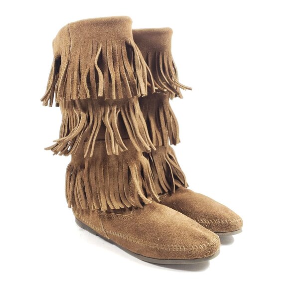 Minnetonka Womens Size 7 3-Layer Fringe Brown Suede Moccasin Boots - Picture 1 of 8